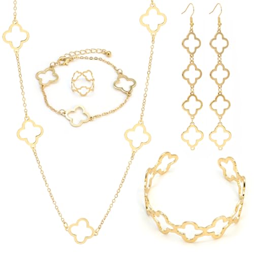 ZENGSING Vierblättriges Kleeblatt Schmuckset für Damen und Mädchen, Gold Anhänger Ohrstecker Ringe Armreif Armband Kettenarmband Set, Geschenke zum Muttertag Geburtstag Weihnachten von ZENGSING