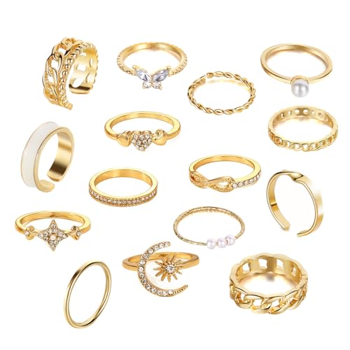 ZENGSING Vintage Gold Knuckle Ringe Set 15 Stück Golden Stapelbare Ringe Boho Chunky Fingerrings Knuckle für Mädchen Vintage Ring Damen Set (Gold Satz-A) von ZENGSING