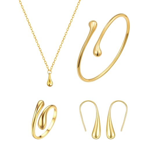 ZENGSING Wassertropfen SchmuckSet für Damen Versilbert Teardrop Halskette Tropfen Armreif Armband Drop Dangle Ohrringe Drop Einstellbare Offener Ring Geschenk für Frauen Geburtstag Weihnachten (Gold) von ZENGSING