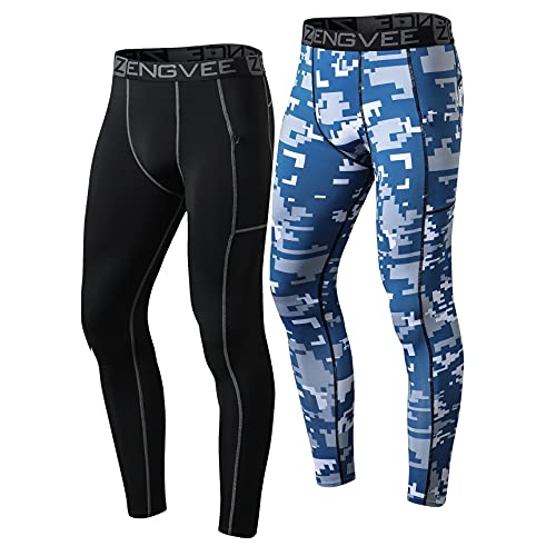 ZENGVEE 2er Pack Kompressionshose Herren Lang Sport Leggings Herren Schnelltrocknende Funktionsunterhose Herren Lang Atmungsaktiv mit Reißverschlusstaschen Männer Leggings（1819） Black Camo Blue-2XL von ZENGVEE