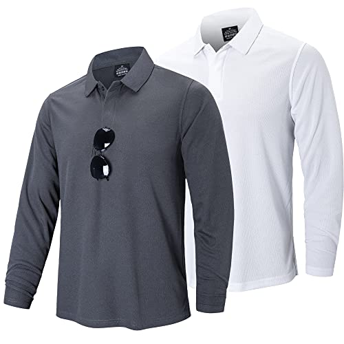 ZENGVEE 2er Pack Poloshirt Herren Langarm Golf Tshirts Atmungsaktive Poloshirts Sport Outdoor Tennis Poloshirt Casual T-Shirt Slim Fit mit Brillenhalter Knopfleiste(0615-White Grey-M) von ZENGVEE