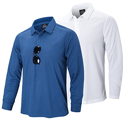 ZENGVEE 2er Pack Poloshirt Herren Langarm Golf Tshirts Atmungsaktive Poloshirts Sport Outdoor Tennis Poloshirt Casual T-Shirt Slim Fit mit Brillenhalter Knopfleiste(0615-White Navy-L) von ZENGVEE