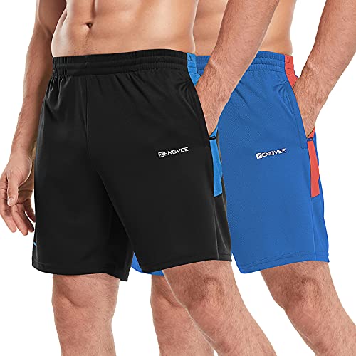 ZENGVEE 2er Pack Sporthose Herren Kurz Hosen 2 in 1 Sport Shorts Männer Schnell Atmungsaktives Trocknend Laufhose Jogginghose Gym Shorts mit Taschen fur Fitness Basketball (20515-Black Blue-L) von ZENGVEE