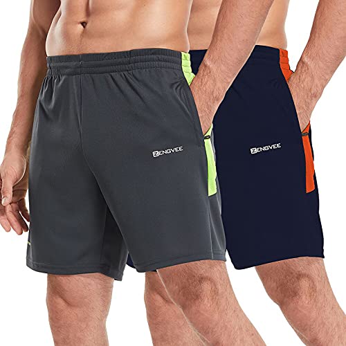 ZENGVEE 2er Pack Sporthose Herren Kurz Hosen 2 in 1 Sport Shorts Männer Schnell Atmungsaktives Trocknend Laufhose Jogginghose Gym Shorts mit Taschen fur Fitness Basketball (20515-Grey Navy-L) von ZENGVEE