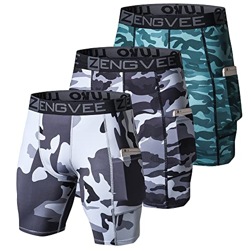 ZENGVEE 3er Pack Kompressionsshorts Herren Laufhose Herren Schnelltrocknend Funktion Leggings Kurz Sport Tights Herren Unterziehhose Sporthose Mit Handytasche Herren für Fitness (1011-Camo Gray-XL) von ZENGVEE