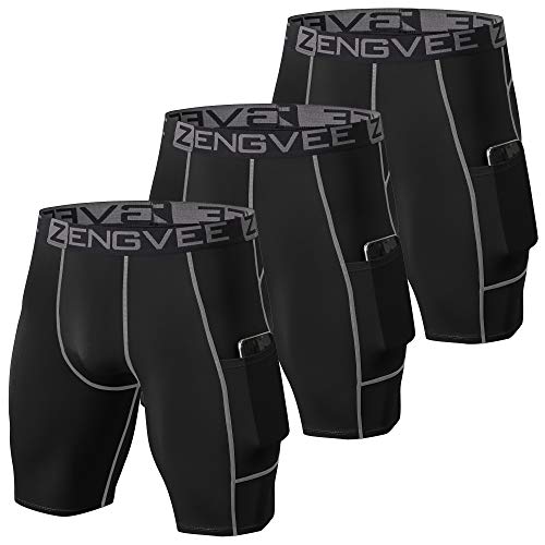 ZENGVEE 3er Pack Herren Kompressionsshorts Laufhose Herren Kurz Schnelltrocknendes Leggings Kurz mit Seitentaschen Tights Sport Unterwäsche Herren(Black Grey-L) von ZENGVEE