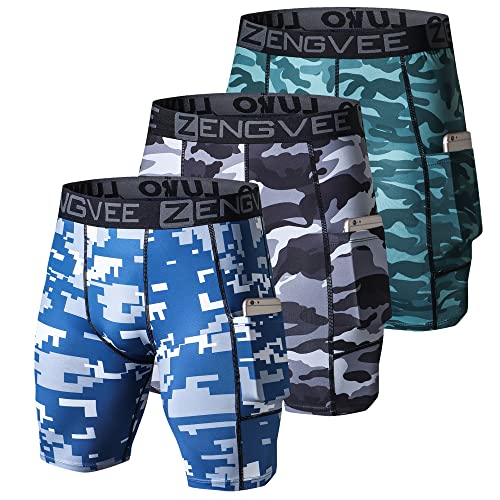 ZENGVEE 3er Pack Kompressionsshorts Herren Laufhose Herren Schnelltrocknend Funktion Leggings Kurz Sport Tights Herren Unterziehhose Sporthose Mit Handytasche Herren für Fitness (1011-Camo Blue-XL) von ZENGVEE