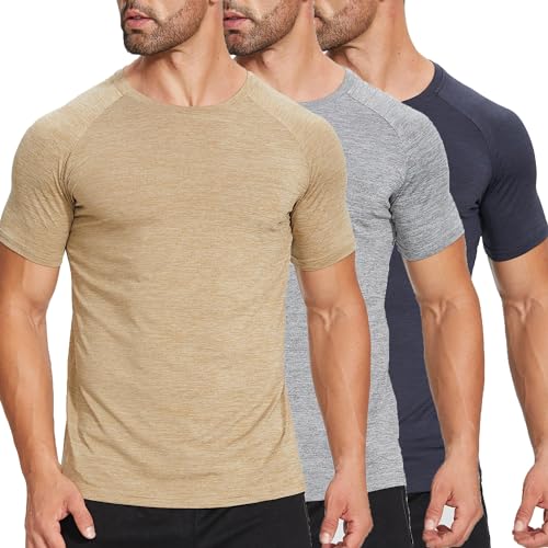 ZENGVEE 3er Pack Slim Fit Fitness T-Shirt Herren Sport Tshirts Funktionsshirt Schnelltrocknend Atmungsaktive Bodybuilding Shirt Workout Gym Trainingsshirt（320-Black Grey Khaki-2XL） von ZENGVEE