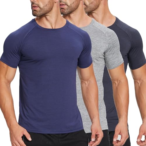 ZENGVEE 3er Pack Slim Fit Fitness T-Shirt Herren Sport Tshirts Funktionsshirt Schnelltrocknend Atmungsaktive Bodybuilding Shirt Workout Gym Trainingsshirt（320-Black Grey Navy-2XL） von ZENGVEE