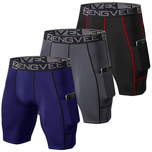 ZENGVEE 3er Pack kompressionshosen Herren Schnelltrocknendes Funktionsunterwäsche mit Seitentaschen Tights Kurz Hose Compression Shorts（Gray Black Navy-2XL von ZENGVEE