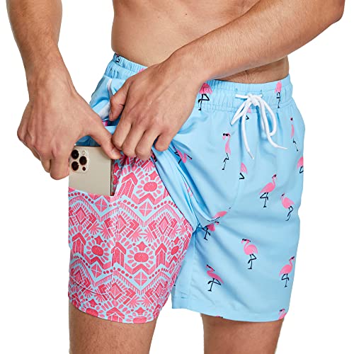 ZENGVEE Badehose Herren Badeshorts Bademode Kurz Schwimmhose Männer 2 in 1 Shorts Eng Jungen Men Schnelltrocknend Compression Boardshorts Swimming Sport Badeanzug Herren(1216-Blue/Flamingo-XL) von ZENGVEE