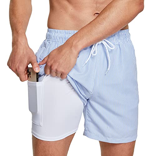 ZENGVEE Badehose Herren Badeshorts Bademode Kurz Schwimmhose Männer 2 in 1 Shorts Eng Jungen Men Schnelltrocknend Compression Boardshorts Swimming Sport Badeanzug Herren(1216-Blue Stripe-L) von ZENGVEE