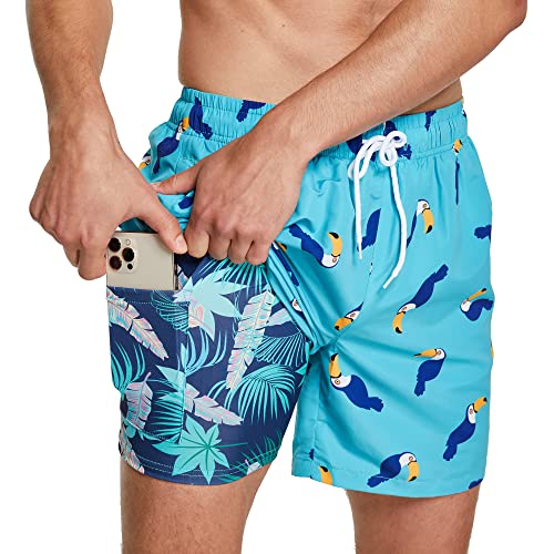 ZENGVEE Badehose Herren Badeshorts Bademode Kurz Schwimmhose Männer 2 in 1 Shorts Eng Jungen Men Schnelltrocknend Compression Boardshorts Swimming Sport Badeanzug Herren(1216-Green/Toucan-XL) von ZENGVEE