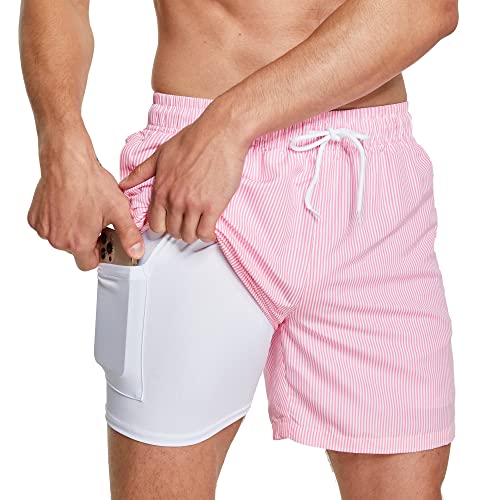 ZENGVEE Badehose Herren Badeshorts Bademode Kurz Schwimmhose Männer 2 in 1 Shorts Eng Jungen Men Schnelltrocknend Compression Boardshorts Swimming Sport Badeanzug Herren(1216-Pink Stripe-M) von ZENGVEE