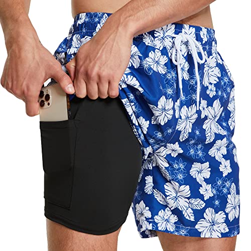 ZENGVEE Badehose Herren mit Kompression Liner 2 in 1 Schnelltrocknend Badeshorts Männer Trainingsshorts Elastisch Verstellbar Tunnelzug mit Reißverschlusstaschen（1215-1） WhiteFloweronBlue-XL von ZENGVEE