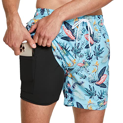 ZENGVEE Badehose Herren mit Kompression Liner 2 in 1 Schnelltrocknend Badeshorts Männer Trainingsshorts Elastisch Verstellbar Tunnelzug mit Reißverschlusstaschen（1215-2） RedLeafonLightBlue-2XL von ZENGVEE