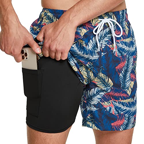 ZENGVEE Badehose Herren mit Kompression Liner 2 in 1 Schnelltrocknend Badeshorts Männer Trainingsshorts Elastisch Verstellbar Tunnelzug mit Reißverschlusstaschen（1215-3） YellowGrayRedLeaf-L von ZENGVEE