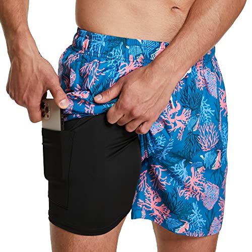 ZENGVEE Badehose Herren mit Kompression Liner 2 in 1 Schnelltrocknend Badeshorts Männer Trainingsshorts Elastisch Verstellbar Tunnelzug mit Reißverschlusstaschen（1215-4） PinkCoral-2XL von ZENGVEE