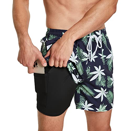 ZENGVEE Badehose Herren mit Kompression Liner 2 in 1 Schnelltrocknend Badeshorts Männer Trainingsshorts Elastisch Verstellbar Tunnelzug mit Reißverschlusstaschen（1215-5） WhiteFlowerGreenLeaf-2XL von ZENGVEE