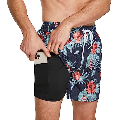 ZENGVEE Badehose Herren mit Kompression Liner 2 in 1 Schnelltrocknend Badeshorts Männer Trainingsshorts Elastisch Verstellbar Tunnelzug mit Reißverschlusstaschen（1215-6） RedFloweronNavy-S von ZENGVEE