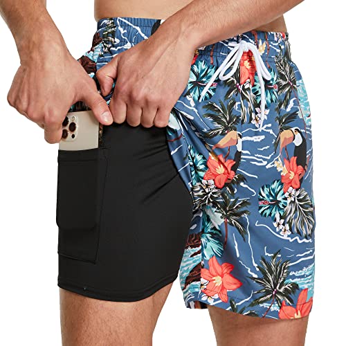 ZENGVEE Badehose Herren mit Kompression Liner 2 in 1 Schnelltrocknend Badeshorts Männer Trainingsshorts Elastisch Verstellbar Tunnelzug mit Reißverschlusstaschen（1215-7） RedFlowerMacrobill-L von ZENGVEE