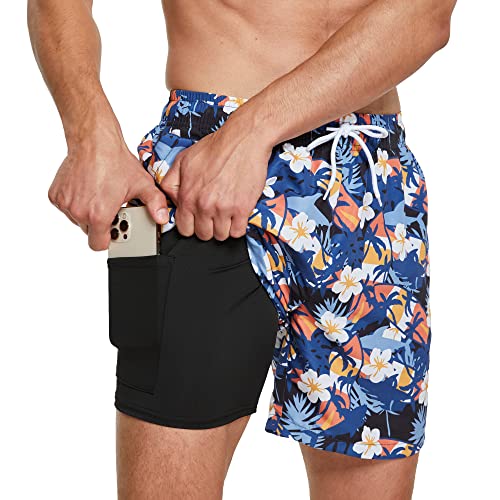 ZENGVEE Badehose Herren mit Kompression Liner 2 in 1 Schnelltrocknend Badeshorts Männer Trainingsshorts Elastisch Verstellbar Tunnelzug mit Reißverschlusstaschen（1215-8） WhiteRopeBlueWhite-2XL von ZENGVEE