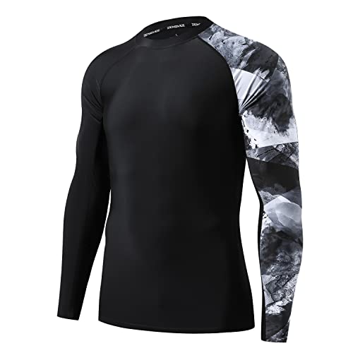 ZENGVEE Rashguard Herren UV Shirt Wasser Schwimmshirt Neopren UPF 50+ Compression Shirt UV Schutz Langarmshirt Sport Rash Vest Männer Atmungsaktiv für Surfen Schwimmen Beach(0718-BlackWhite-2XL) von ZENGVEE