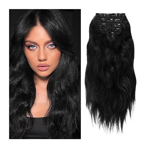 Haarverlängerungen 22-Zoll-Clip-in-Kunsthaarverlängerungen, 6 Stück/Set, Clip-in-Haarverlängerungen, lange gewellte Frisuren, natürliches Schwarz, hitzebeständiges Haarteil for Frauen Perücke von ZENGXJYCQINGJIANG