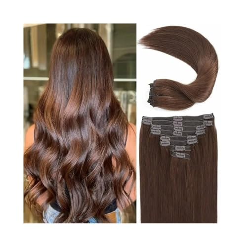 Haarverlängerungen #4 Schokoladenbraune Clip-in-Haarverlängerungen, Echthaar-Extensions, weiche, seidig glatte Clip-in-Remy-Haarverlängerungen for Frauen, 8 Stück, 120 g/Set Perücke(18inches 120g) von ZENGXJYCQINGJIANG