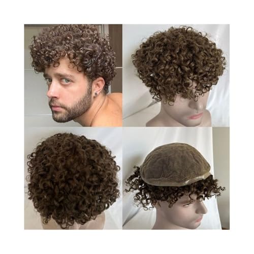 Perücke Afro Curly Men Toupet #4 Dunkelbraune Farbe Echthaarperücken 8x10 Zoll Volles Schweizer Spitzen-Toupet-Haarteil 7" Europäisches Haarersatzsystem Herrenperücke von ZENGXJYCQINGJIANG