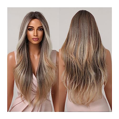 Perücken 26 Zoll lange, gewellte Haaransatz-Spitzenperücken, Kupferbraun, Highlight-Blondine, synthetische Perücken for Frauen, täglich, natürliche hitzebeständige Fasern Haarersatzperücken von ZENGXJYCQINGJIANG