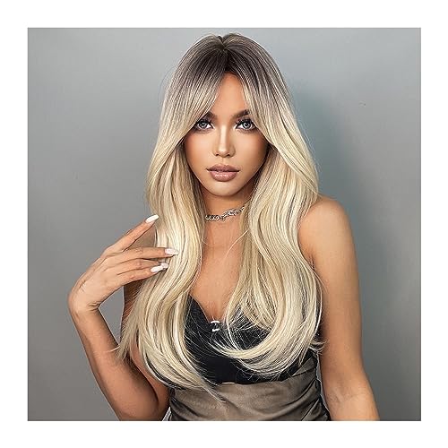 Perücken Braune blonde lange gerade synthetische Perücken mit Pony, Cosplay-Perücke for Frauen, hohe Temperatur, natürliches Kunsthaar Haarersatzperücken von ZENGXJYCQINGJIANG