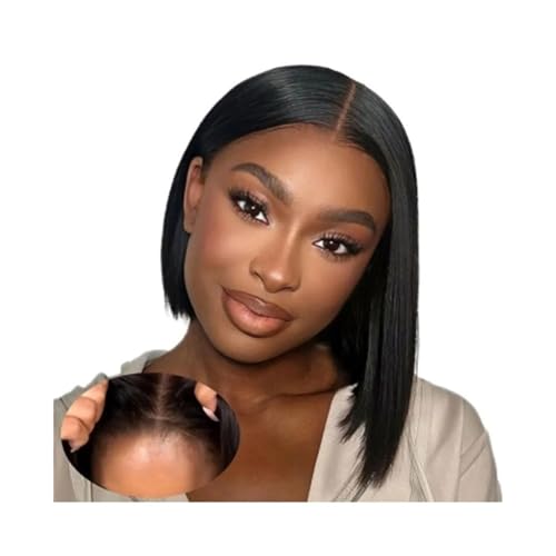Perücken Glatte Perücke Echthaar 4×4 Lace Front Kurze T-Part Bob Perücke for Frauen Indisches Haar Haarersatzperücken(8inches) von ZENGXJYCQINGJIANG