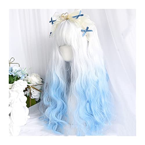 Perücken HOUYAN Synthetik Langes Lockiges Haar Welle Silber Weiß Blau Farbverlauf Cosplay Lolita Perücke Weiblich Hochtemperaturbeständiges Synthetik Haarersatzperücken von ZENGXJYCQINGJIANG