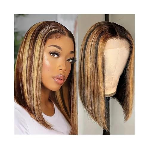 Perücken Kurze Echthaarperücke for Frauen, glatte 13x4 Lace-Front-Perücke aus Echthaar, Ombre-Honigblonde Perücken, 10-16 Zoll Lace-Perücke Haarersatzperücken(14inches) von ZENGXJYCQINGJIANG