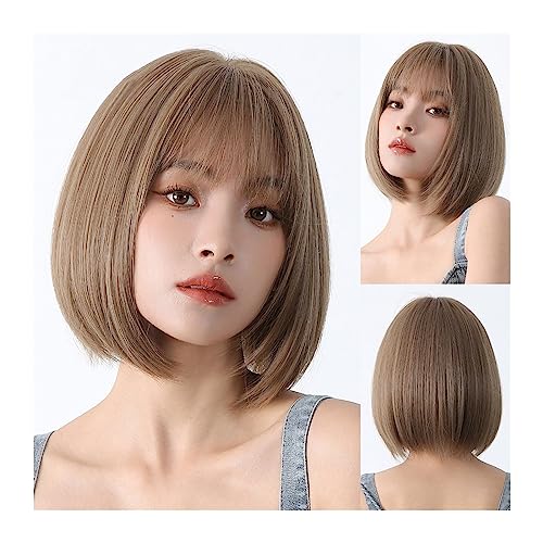 Perücken Kurze gerade goldbraune synthetische Perücken mit Pony, natürliches Lolita-Haar for Frauen, Bob-Party-Cosplay-Perücke, hitzebeständige Faser Haarersatzperücken von ZENGXJYCQINGJIANG