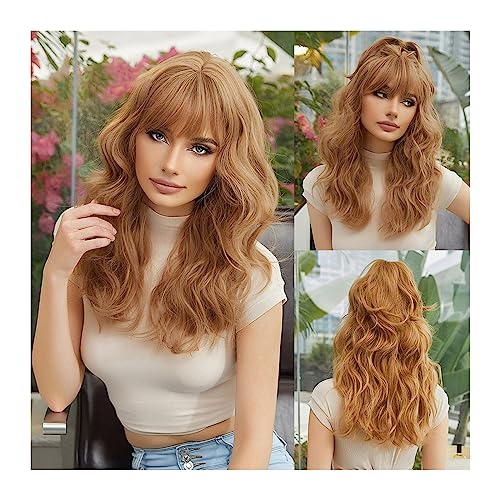 Perücken La Sylphide Hellbraune Perücke mit Pony for Damen, lange gewellte Perücken, hochwertige synthetische Perücken, Party-Cosplay-Haar, hohe Dichte Haarersatzperücken von ZENGXJYCQINGJIANG