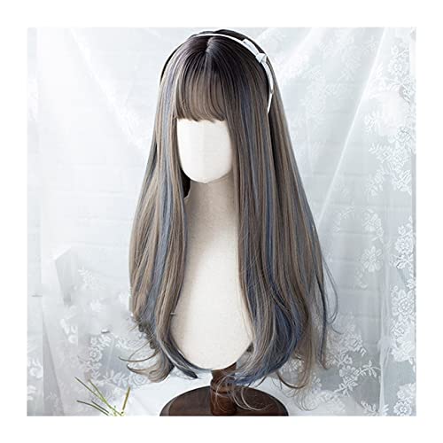 Perücken Lange gerade Perücke mit Pony for Frauen Mädchen braun gemischt blau synthetische Perücke for tägliche Party Cosplay, natürliche hitzebeständige Perücke Haarersatzperücken von ZENGXJYCQINGJIANG