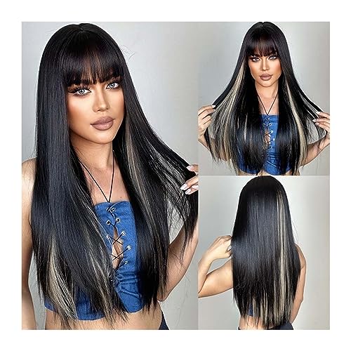 Perücken Lange gerade schwarze blonde Hightlight-Synthetik-Perücken mit Pony for Frauen, Afro-dunkles Cosplay-Haar, natürliche Perücke, täglich hitzebeständig Haarersatzperücken von ZENGXJYCQINGJIANG