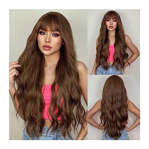 Perücken Lange gewellte kupferbraune Kunsthaar-Perücke mit Pony for schwarze Frauen, dunkelbraune Körperwelle, Cosplay, natürliches hitzebeständiges Haar Haarersatzperücken von ZENGXJYCQINGJIANG