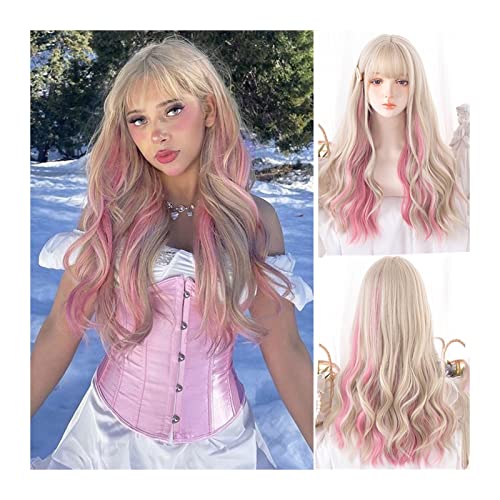 Perücken Lange gewellte lockige Perücke mit Pony, blonde Strähnchen rosa lockige Perücke for Frauen Mädchen Lolita Cosplay Perücke natürliche hitzebeständige Partyperücke Haarersatzperücken von ZENGXJYCQINGJIANG