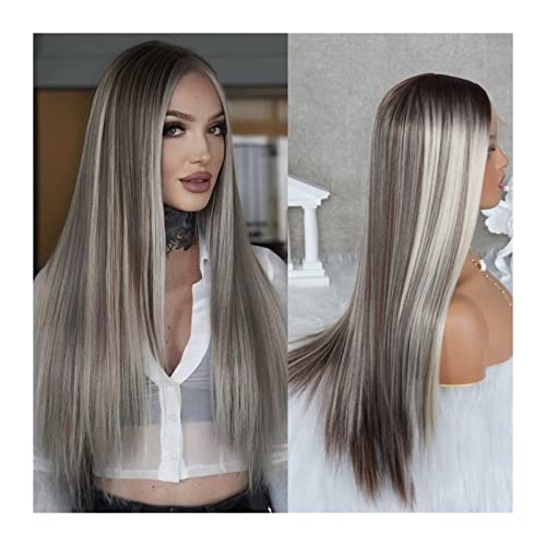 Perücken Langes glattes Haar, aschblonde Highlights, Spitzenperücken, vorgezupfter natürlicher Haaransatz, T-Teil, kleberlose, hitzebeständige, synthetische Lace-Front-Perücken for Frauen Haarersatzpe von ZENGXJYCQINGJIANG