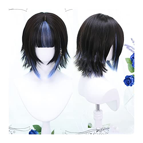 Perücken Modische Kurzhaarperücke, blaue Highlights, schwarze Lolita-Cosplay-Perücke mit Pony, atmungsaktiv, hitzebeständig, Kunsthaarperücke for Partykostüm, Halloween Haarersatzperücken von ZENGXJYCQINGJIANG