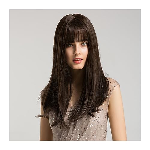 Perücken Schwarzbraune lange gerade synthetische Perücke mit Pony, dunkelbrauner Bob, Cosplay, tägliche Haarperücken for Frauen, Afro, hitzebeständige Faser Haarersatzperücken von ZENGXJYCQINGJIANG