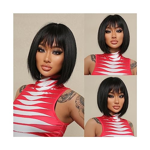 Perücken Schwarze Bob-Perücke aus Naturhaar, kurze, gerade synthetische Perücken mit Pony for Frauen, Cosplay, täglicher Gebrauch, Haarperücke, hitzebeständige Faser Haarersatzperücken von ZENGXJYCQINGJIANG