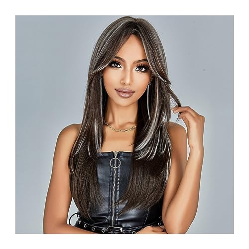 Perücken Synthetische dunkelbraune Perücke mit Pony, blonde Highlights, lange geschichtete Perücken for Frauen, gerade, Cosplay, tägliches hitzebeständiges Haar Haarersatzperücken von ZENGXJYCQINGJIANG
