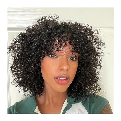 Perücken Wellenperücke, brasilianische Haarperücken for Frauen, Echthaar-Perücken mit Pony, kurze lockige Perücke, volles maschinell hergestelltes Haar, tiefes Wasser Haarersatzperücken(150%,16inches) von ZENGXJYCQINGJIANG