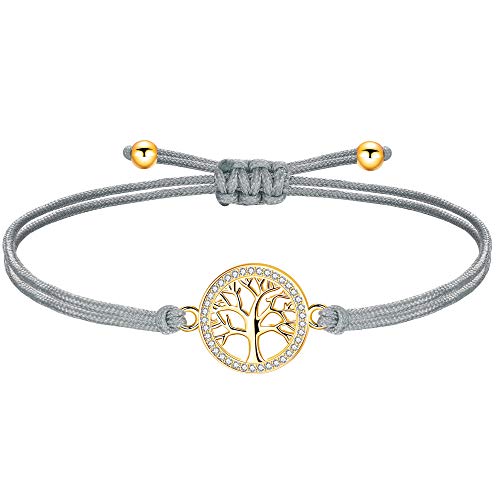 ZENI Lebensbaum Armband Gold für Junge Mädchen, Handgefertigtes Stoffarmband Grau Verstellbar 16+8cm für Damen, Geburtstagsschmuck Geschenke für Kinder von ZENI