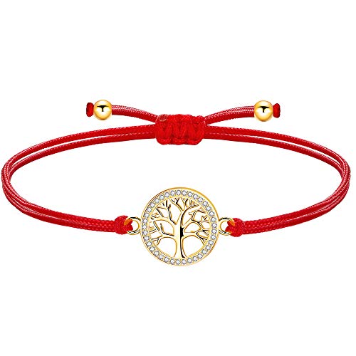 ZENI Lebensbaum Armband Gold für Junge Mädchen, Handgefertigtes Stoffarmband Rot Verstellbar 16+8cm für Damen, Geburtstagsschmuck Geschenke für Kinder von ZENI