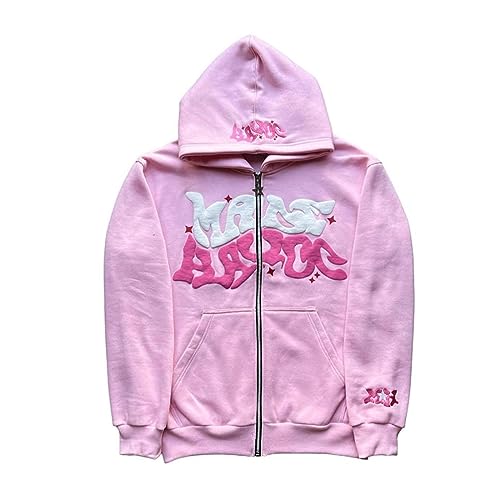 ZENMANCHEN Y2k Hoodies Puffdruck Hoodie Grunge Graphic Zip Up Hoodies Y2k Jacke Hip Hop Streetwear Ästhetische Sweatshirts, 1-pink, Medium von ZENMANCHEN